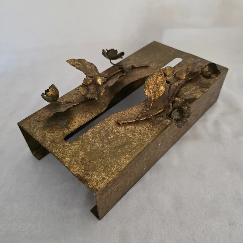 VTG Ornate Gilt Metal Tissue Box Cover Gold Tone Hollywood Regency Floral. Italy